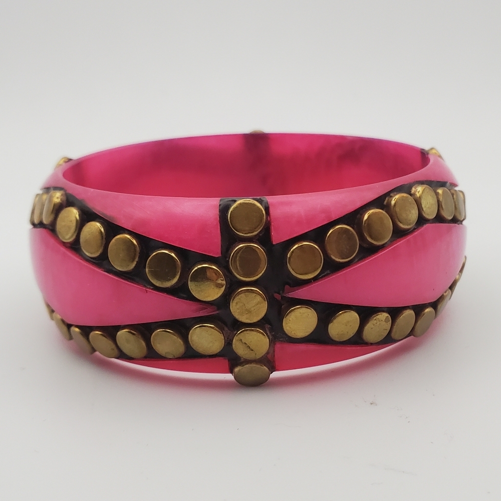 RARE* Hot Pink Translucent Resin Chunky Bangle Bracelet Round Gold Brass Studs